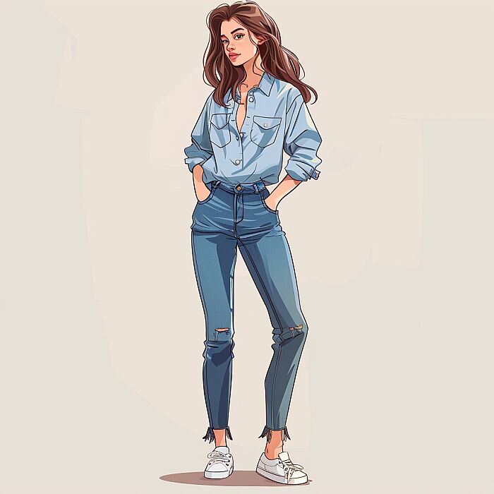 GIRL WEARING JEANS AND BUTTON SHIRT, 2D, VECTOR, FULLBODY, CLIPART STYLE, 2D