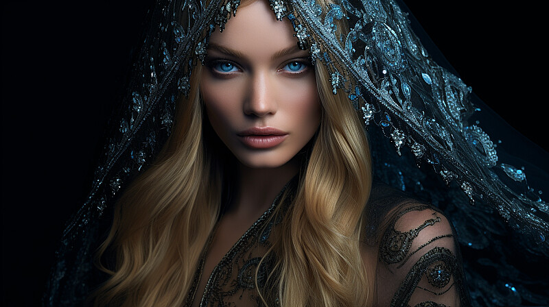 Create an exquisite portrait of a mysterious woman with blue eyes and long blonde hair adorned in a couture gown with intricate lace details, captured in the stylings of Zuhair Murad and Elie Saab. Emphasize the interplay of light and shadow, bringing intensity to her alluring gaze. --ar 16:9 --v 5.2