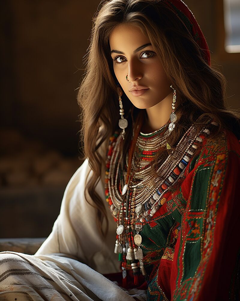 Beautiful Balouch girl, Balochi embroidery attire, behind a vintage supra --ar 4:5 --v 5.2 --style raw