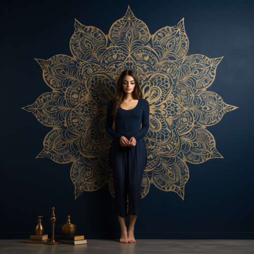 dark blue wall with luxuries goldern mandala arabesque pattern on it and a girl standing front of it --v 5.2