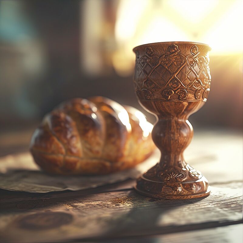 Holy Supper, ancient scene, image of a wooden Cup next to an Ancient Bread, from the time of Jesus, Christian Evangelical, frame on the table, the cup and the bread, glorious scene, warm lighting, perfect composition, beautiful detailed intricate insanely detailed octane render trending on artstation, 8 k artistic photography, photorealistic concept art, soft natural volumetric cinematic perfect light, chiaroscuro, award - winning photograph, masterpiece, oil on canvas, raphael, caravaggio, greg rutkowski, beeple, beksinski, giger --c 25 --v 6.0 --style raw