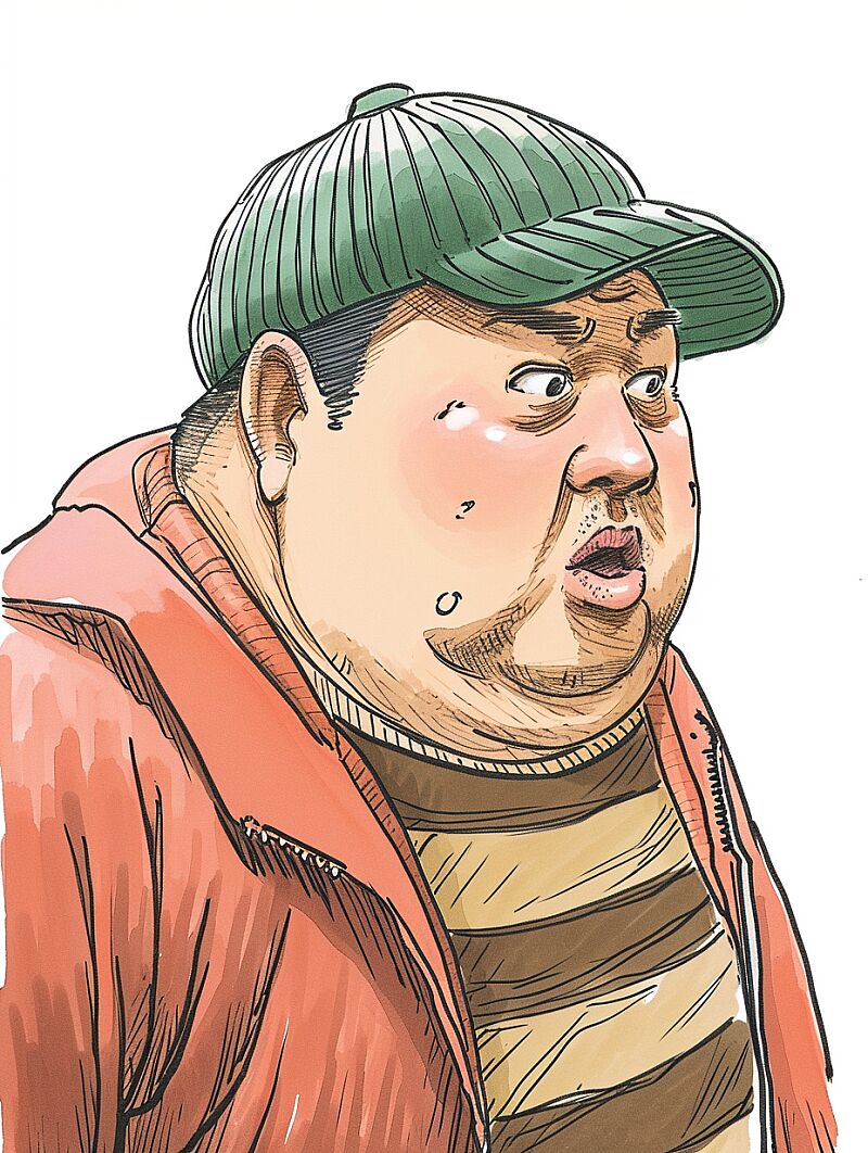 a drawing of a middle-aged fat man wearing a green and brown striped cap, in the style of booru, orange, oshare kei, rounded, berrypunk, heavy inking --ar 3:4 --v 6.0 --style raw