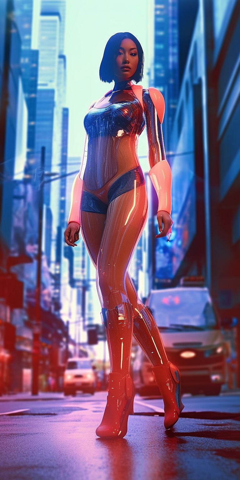 Beautiful anime model with glistening copper skin wears lava lamp fashion on bright futuristic downtown city street, thick muscular defined legs, colors textures flow together in a complementary way, geometry, fluidity, professional photography, Hasselblad, ultra-sharp Intricate details, 32k UHD, HDRI --ar 1:2 --q 2 --s 860 --style raw --v 5.1