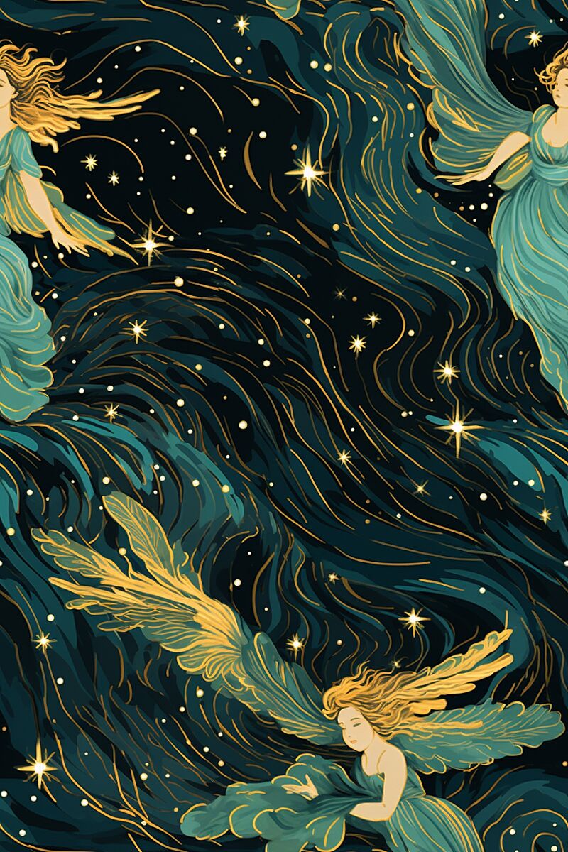 illustrations of beautiful female angels made from paper cut-outs, Botticelli style, flying in a starry sky, figurative, realistic, blue, green, teal, red, gold, brush strokes, black, gold foil, mixed media, collage, Christmas, sharp image --ar 2:3 --tile --s 80 --v 5.2