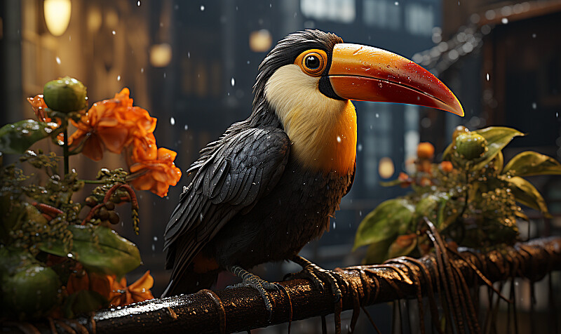 toucan realistic photograph, warm colors, cinema composition shot inspired by scandinavian style, professional color grading, epic volumetric lighting, sharp focus, film grain, high dynamic range, atmosphere, majestic, intricate details, masterpiece, photorealistic, stylisation, hyper - detailed, creative, cinematic light, topcor f/1.4, uhd image --ar 5:3 --s 750 --c 60 --style raw