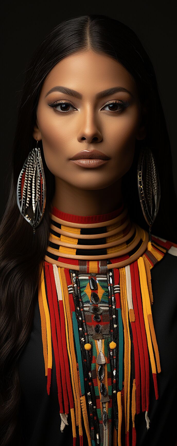 Beautiful Native American model Quannah Chasinghorse wearing sleek modern fashions, smooth textures, Minimalist shapes with complementing colors, bold contrasting threading, vibrant facial make-up, glamour, glamorous, 3D, professional photography, Hasselblad camera, ultra-sharp intricate fine details, 32k UHD, HDRI --ar 2:5 --s 340 --style raw