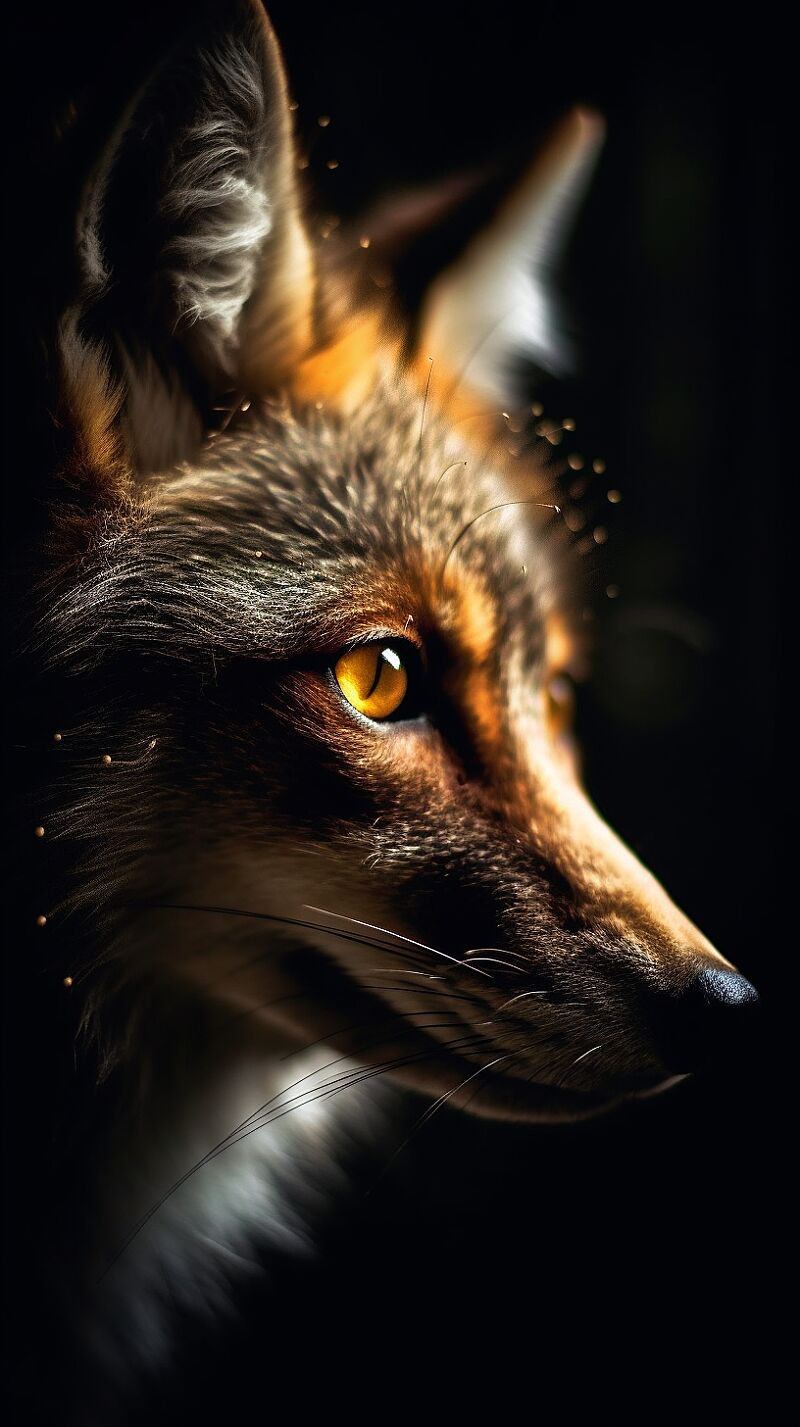 Ultrasharp photography, hd wallpaper inspired by the national geographic award winning nature, low depth of field macro supermacro photography, bokeh effect :: Spellbinding closeup portrait of wild wolf, minimalist, eternal melancholy, in the style of fashion photography, dramatic firefly light, black on black, asymmetric composition, conceptual fantasy, intricate details --s 1000  --ar 9:16 --c 50