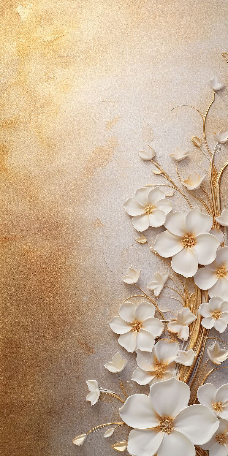 serene beige textured background with gold swirl and white flower border, --aspect 1:2