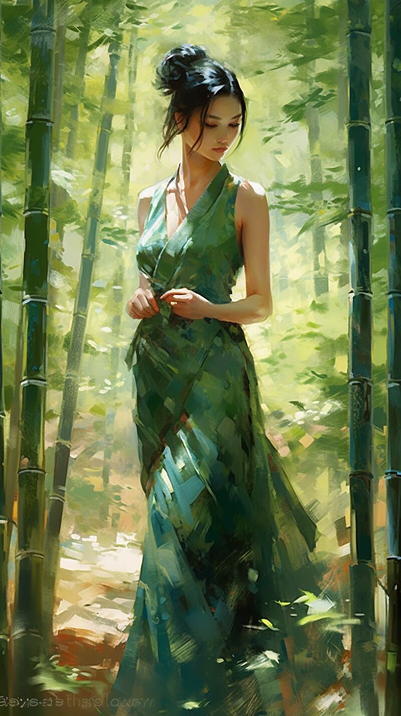 A painting of a woman wearing a dress amidst a tranquil bamboo forest, in the style of Andreas Rocha, emerald green and soft jade, Paul Hedley, Ferrania P30, soft jade, asymmetry --v 5.1 --s 500 --chaos 10 --ar 9:16