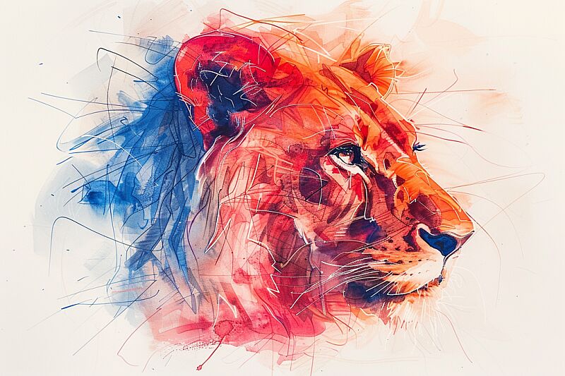 Minimalist single line sketch of a lion, colourful ink wash, strong visual flow --stylize 500 --ar 3:2 --v 6.0