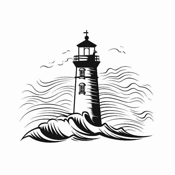 Continuous Line vectorial drawing of lighthouse ,minimalist line art, undulating lines, white background, black line --v 5.2