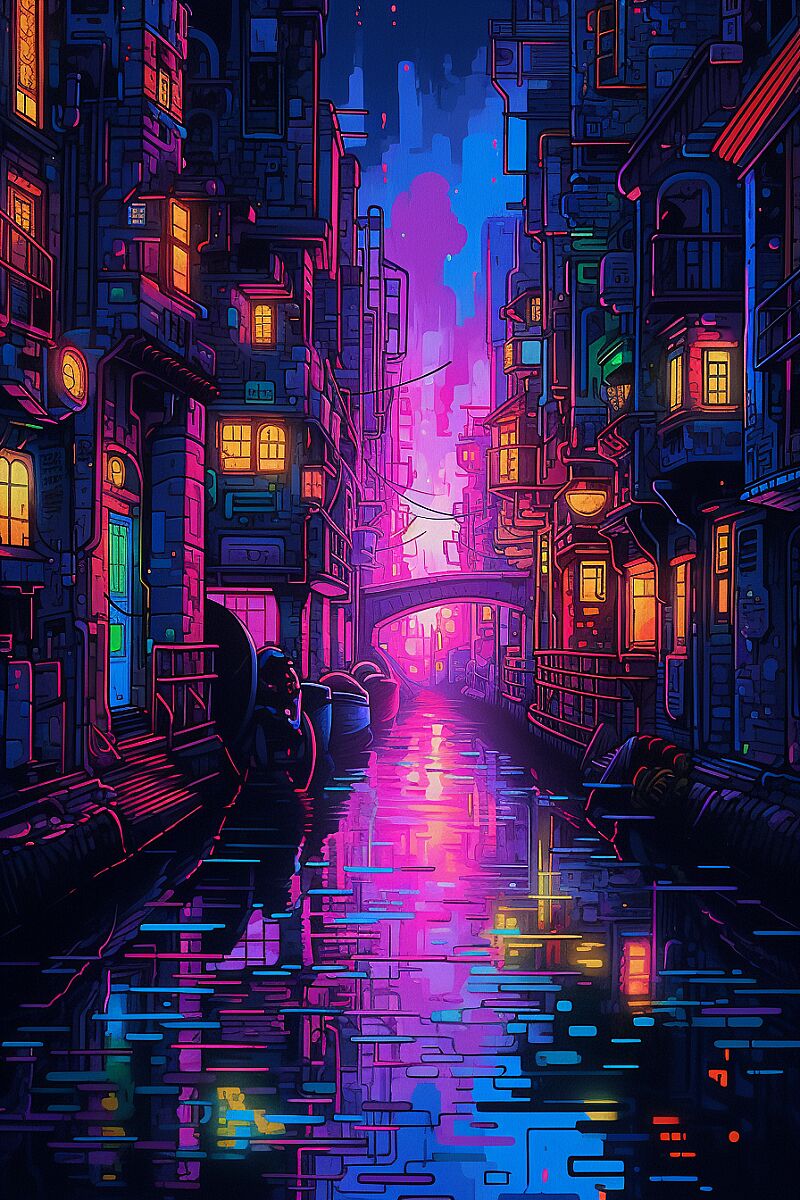 A painting of a neon cyberpunk river canal --v 5.1 --chaos 0 --ar 2:3