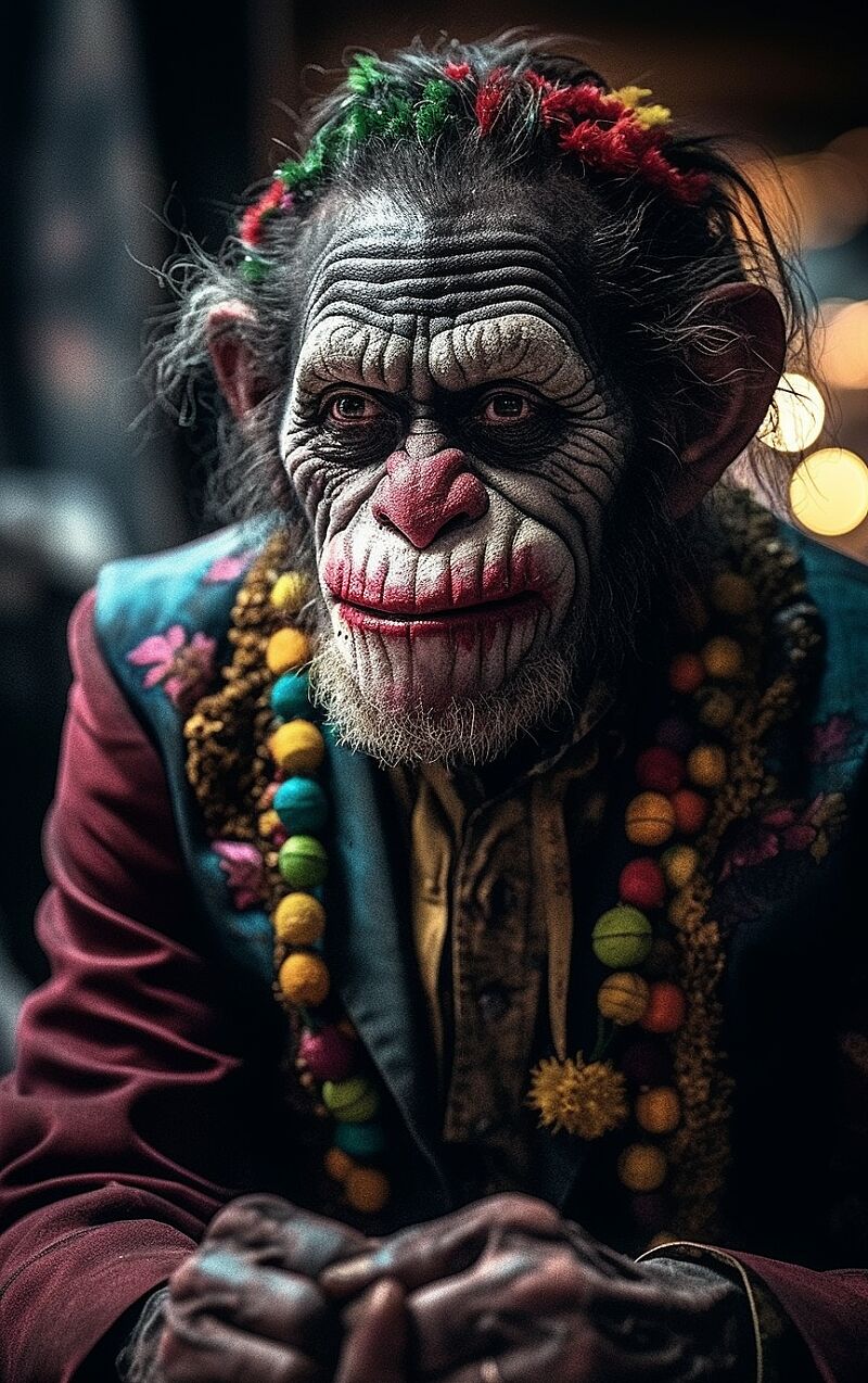 chimpanzee as the joker from Batman  , impressive, surreal, cinematic lighting, cinematic photoshot, extremely detailed and complex, VFX volume fog around, nighttime, super max, surreal, super detailed, high contrast, Rtx on, Hdr, photography, realistic, dof on, fov on, motion blur, lens flares on, 50mm Prime f/1.8, White balance, Super resolution, Megapixel, ProPhoto RGB, VR, high, epic, Rear half lighting, Lights background, natural lighting, incandescent light, fiber optic, mood lighting, cinema lighting, studio lighting, soft illumination, volumetric, contrast, dark lighting, accent lighting, projection global illumination, Screen space global illumination, Ray tracing global illumination, Red fringing light, 45% cold color grading, Optics, Scattering, Glow, Shadows, hyperrealism, Caustic water, refraction water, exquisite detail, intric ately-detailed, ultra-detailed photography, high-sharpness, high reflection, award-winning photograph --ar 10:16 --c 10 --s 1000  --v 5  --v 5