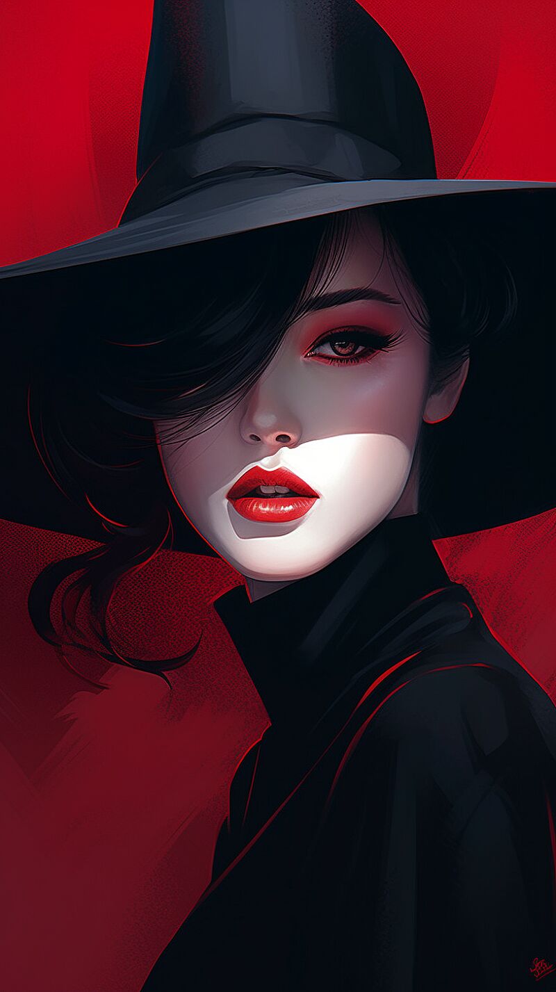 a beautiful black hat is shown in a stylized illustration, in the style of patrick nagel, zhang jingna, red, anime-inspired character designs, vivienne tam, comic art, barbiecore --ar 51:91  --v 5  --q 2 --v 5 --s 750