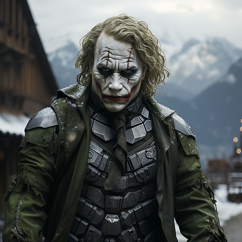 Full body shot of the Joker, high angle, characterized by his pale and disfigured face, associated with apparent madness and skin that gives the impression of being bleached. His exaggerated and permanent smile, acquired through a scar in the shape of a smile, is emblematic. The green and unkempt hair contributes to his chaotic appearance, as does the eye makeup, emphasizing his maniacal expression. He wears a purple suit reflecting his eccentric personality:: A Norwegian fjord, where the purity and majesty of nature unfold in a captivating winter tableau. Mountains and lands blanketed in snow, casting an aura of serenity and stillness across the landscape. The tranquil waters of the fjord mirror the sky's reflection, framed by fir forests adorned with a layer of snow, creating a enchanting scene. Hyperrealistic photography inspired in the aesthetic of Lost in Translation by Sofia Coppola, Cold faded light, Tetrachromatic, Panasonic Lumix GH5S camera with a Panasonic Lumix 12-35mm f/2.8 II lens, high angle –-ar 3:2 --v 5.2 --s 1000 --style raw