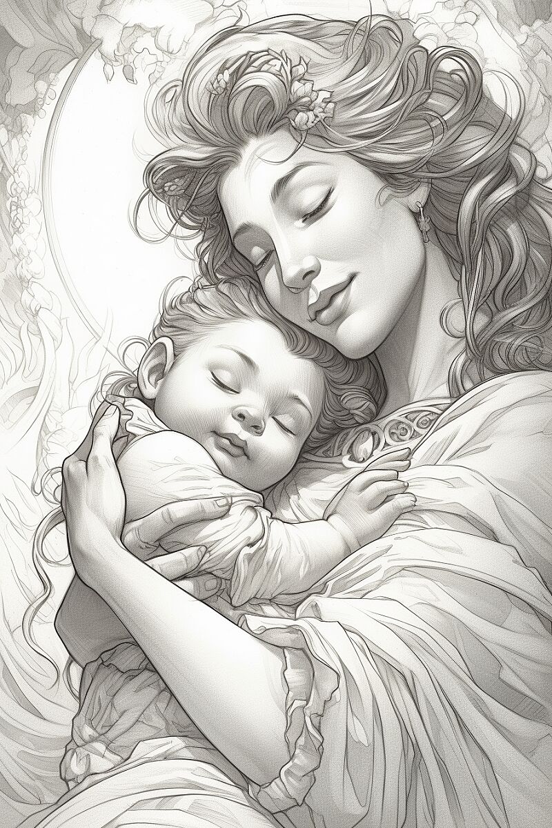 a beautiful emotional coloring page, line art Disney style Drawing, a Beautiful Happy Mother Lovingly Embracing her cute happy Infant Baby, isolated, hd, fine line art, detailed, no background, by Magali Villeneuve and john blanche and susan sabo  --ar 2:3 --q 2 --s 1000 --v 5  --q 2 --v 5