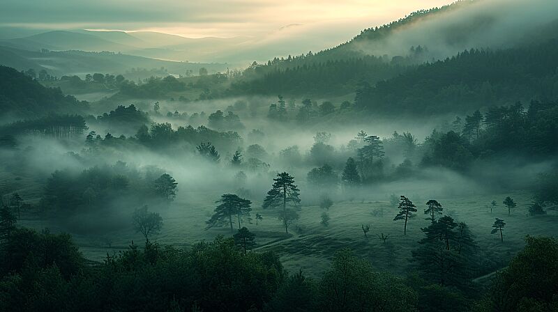 a valley with thin fog, dawn, ethereal and mysterious, cinematic scene from the movie A Monster calls, captured by Nikon D850, the film directed by J. A. Bayona, fancy, low key lighting --ar 16:9 --v 6.0 --style raw