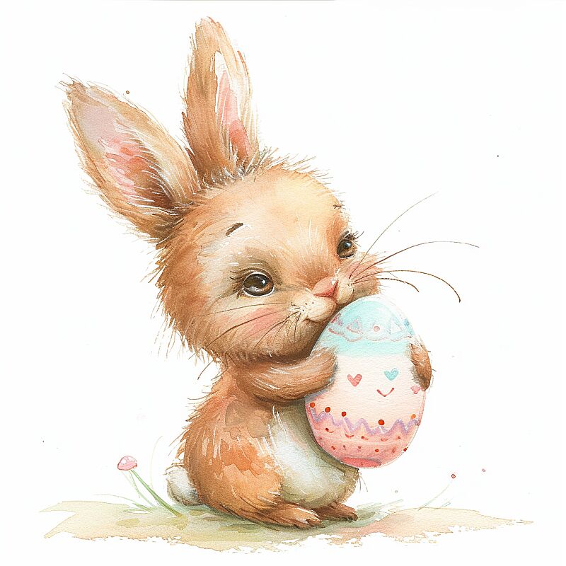 cute bunny holding an easter egg, white background, illustration by Sandra Boynton --v 6.0 --style raw