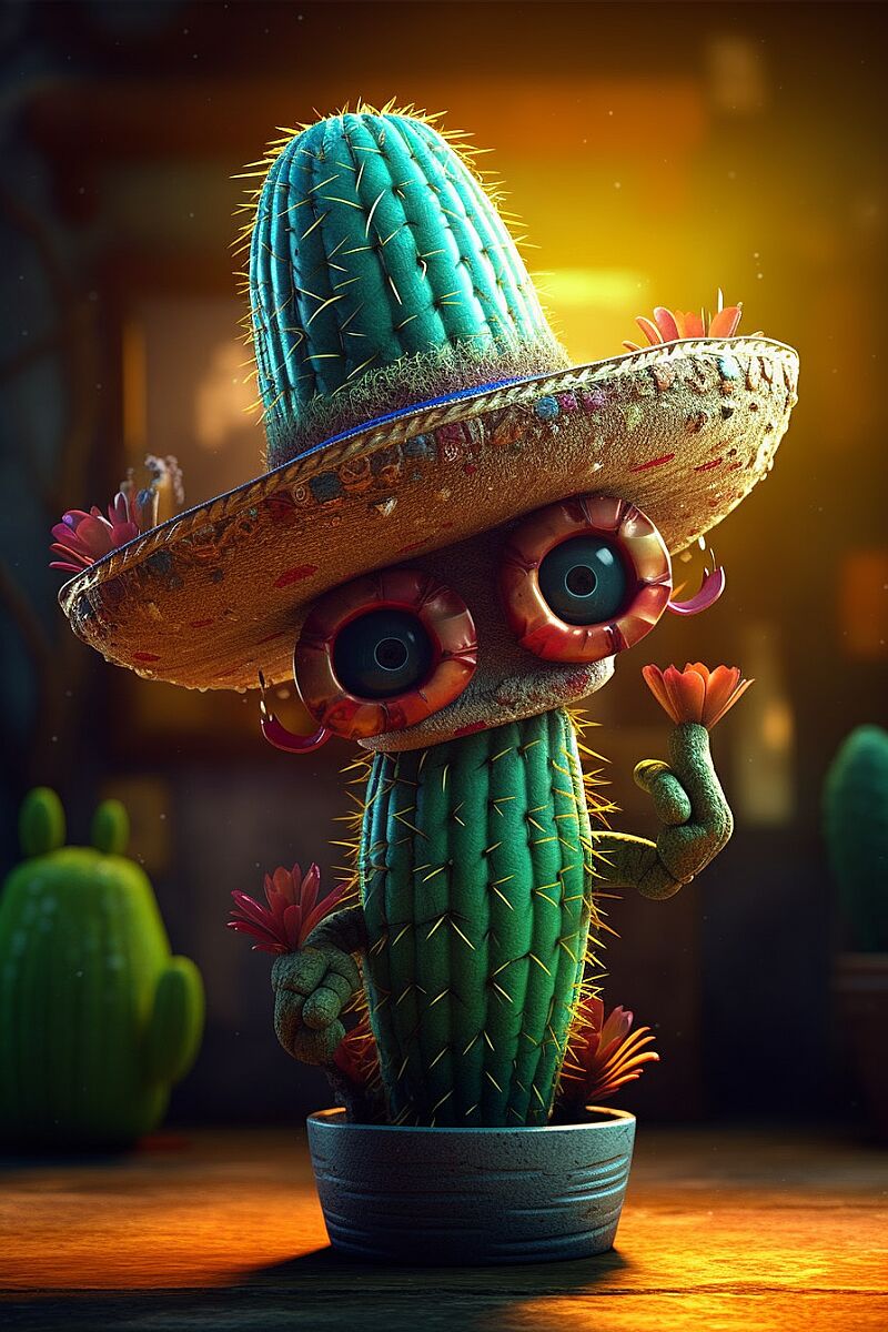 Cactus character wearing sombrero, realistic photography, detailed, magic light, colorful background, intricate details, rich colors, realistic style, front look, --ar 2:3  --uplight  --v 5 --s 750 --q 2