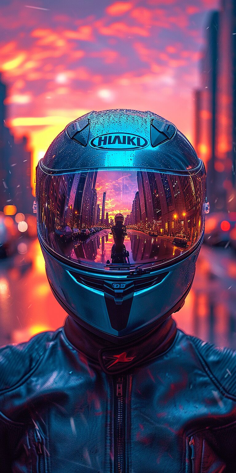 the reflection on a cyberpunk motorcycle helmet with a mirrored visor of the sunset and stunning skyscrapers, wide angle, Peter Lik photography --ar 1:2 --stylize 800 --v 6.0 --style raw