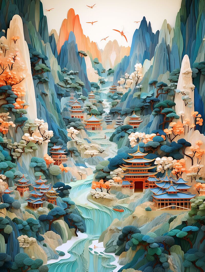 this is a paper sculpture that shows beautiful mountains and a waterfall, in the style of rural china, illuminated landscapes, tilt-shift lenses, colorful woodcarvings, elegant cityscapes, large canvas format, traditional oceanic art --ar 3:4 --v 5.2 --style raw