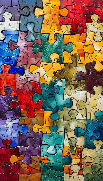 Individuality - A colorful mosaic featuring different puzzle pieces coming together, depicting the beauty of individual uniqueness and diversity. --ar 4:7 --v 6.0