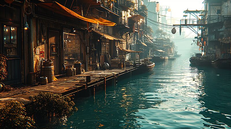 In the slums of a Futuristic mega city, Japanese mega city, highly realistic, view of an open air market from above the water, boardwalk, boats, still water, vivid, hyper realism, depth of field, intricate detail, 8k --ar 16:9 --s 750 --v 6.0 --style raw