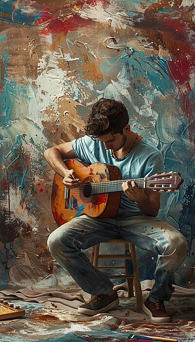 Passionate Expressions": A series of images capturing people engaging in various activities, such as painting or playing musical instruments, showcasing their passions and individual talents. --ar 4:7 --v 6.0