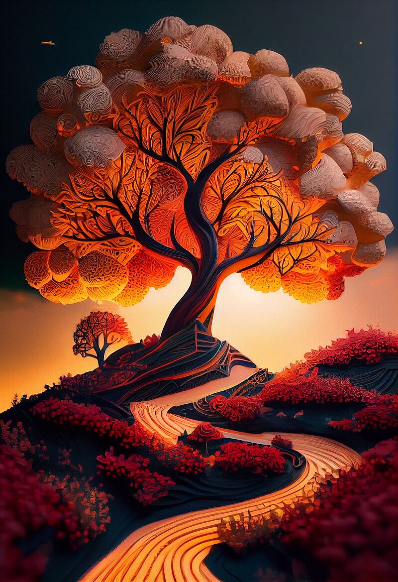 Surreal giant tree on top of a hill, detailed, path up the hill, Paper art, paper quilling, paper illustration, Pointillism, Magical, Fantasy, Sunset, vast landscape, Nathan Walsch, hyperdetailed, hdr, beautiful lighting, volumetric lighting, fantasy, otherworldly, An Jung-hwan, 8k, concept art, illustration, --ar 2:3  --upbeta --s 250 --q 2