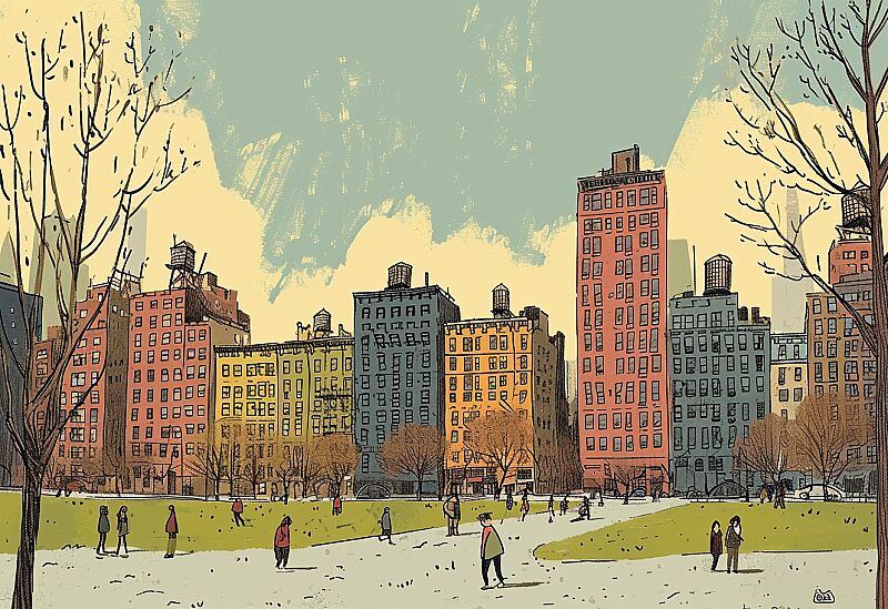 illustration depicts people in a city park near buildings, in the style of delicate ink washes, light amber and navy, new york city subject matter, icepunk, expansive landscapes, playful animation, chalky --ar 16:11 --v 6.0 --style raw