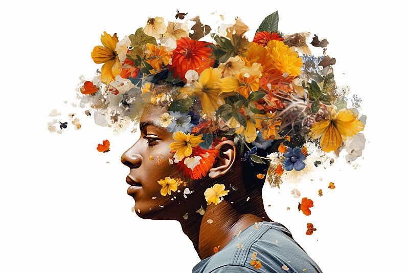 a person with flowers on his head, in the style of collage-inspired, honeycore, nature painter, hyman bloom, sarah purser, uhd image, transparent/translucent medium --ar 6:4 --style raw --v 5.1