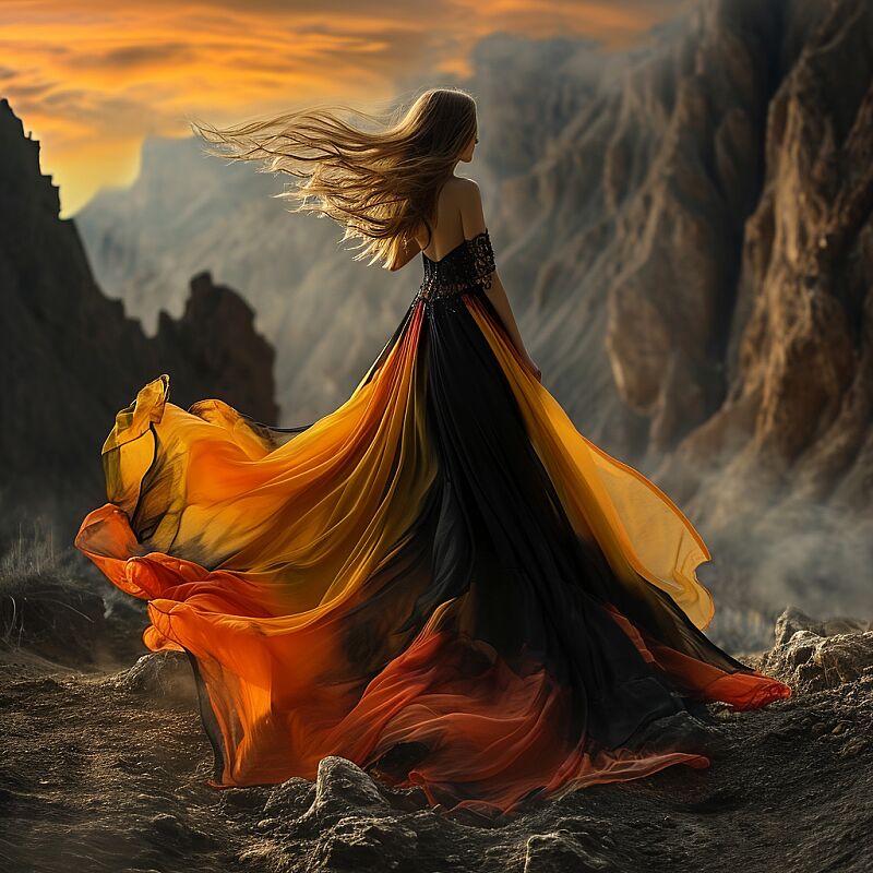 An elegant woman in a surreal fashion setting, wearing a glamorous dress that blends vivid colors of black, a little bit orange, yellow and red. Her hair is blowing in the wind, adding to the dramatic effect. The scenery around her is epic and grand, captured in ultra-high definition (16K UHD) to emphasize intricate details, resembling a masterpiece of professional photography. The composition boasts perfect anatomy, shot from a dynamic angle to enhance the visual impact. Dramatic lighting accentuates the scene, framed in a cowboy shot to capture the full essence of the subject and her attire. --v 6.0 --style raw