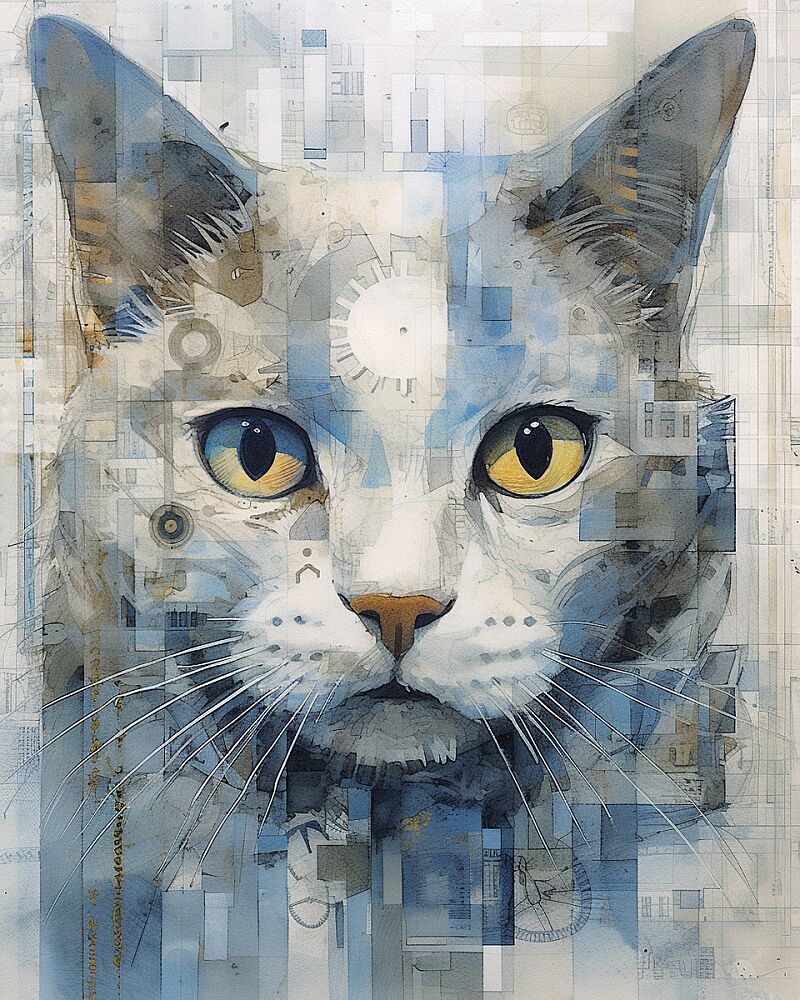 the cat behind the art in this framewrapped collage, in the style of industrial precision, gray and blue, algorithmic artistry, clockpunk, realistic watercolor paintings, precisionist art, gray and gold --ar 4:5