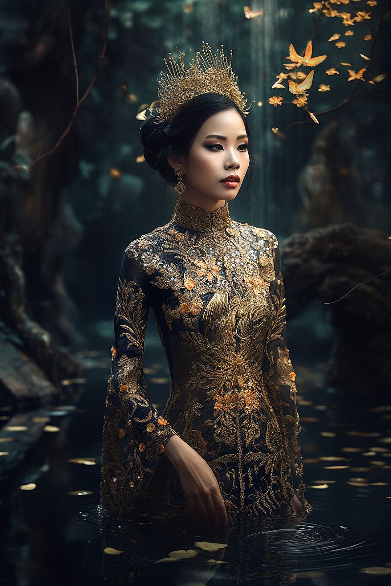 rtistic photo of beauty VietNamese lady, wearing a clear black and golden embroidered Koi pattern, traditional Vietnamese Ao Dai, full body, beauty hair, jewelry,dark forest, fantasy scenes,trending sogoodaicore, fantasy, galaxy, transparent, insanely beautiful details are presented in this scene. The color grading is immaculate, and the use of Unreal Engine, DOF, Super-Resolution, Megapixel, Cinematic Lightning, Anti-Aliasing, FKAA, TXAA, RTX, SSAO, Post Processing, Post Production, Tone Mapping, CGI, VFX, and SFX, make for an insanely detailed and intricate environment. The hyper maximalist, hyper realistic, and volumetric approach to the scenery creates an ultra-photorealistic view, with intricate details that are rendered in 8K and 16K. The volumetric lightning and HDR create a realistic ambiance, and the scene is completed with the use of post-processing techniques. This scene is truly a masterpiece and a testament to the power of the Unreal Engine, Full-body, lighting, shimmering, sparkling, splendid, colorful, magical photography, dramatic lighting, photo realism, ultra-detailed, 4k, Depth of field, High-resolution. --ar 2:3 --q 2 --s 250  --v 5