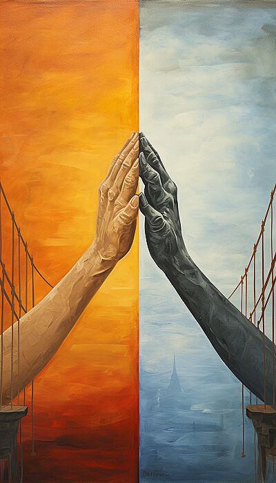 Bridging the Divide" :illustrate Two hands from different backgrounds reaching towards each other, symbolizing unity and understanding. Quote: "Practice compassion to bridge personality differences --ar 4:7