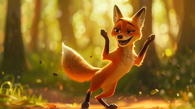 Disney drawing style The Zootopia movie with a cartoon beautiful male Red Fox, he is dancing. The colors are very bright and juicy. Background blurred. Atmosphere morning sun, in a beautiful clearing in the forest. 4k, playful and colorful depictions, made of insects --ar 16:9 --v 6.0