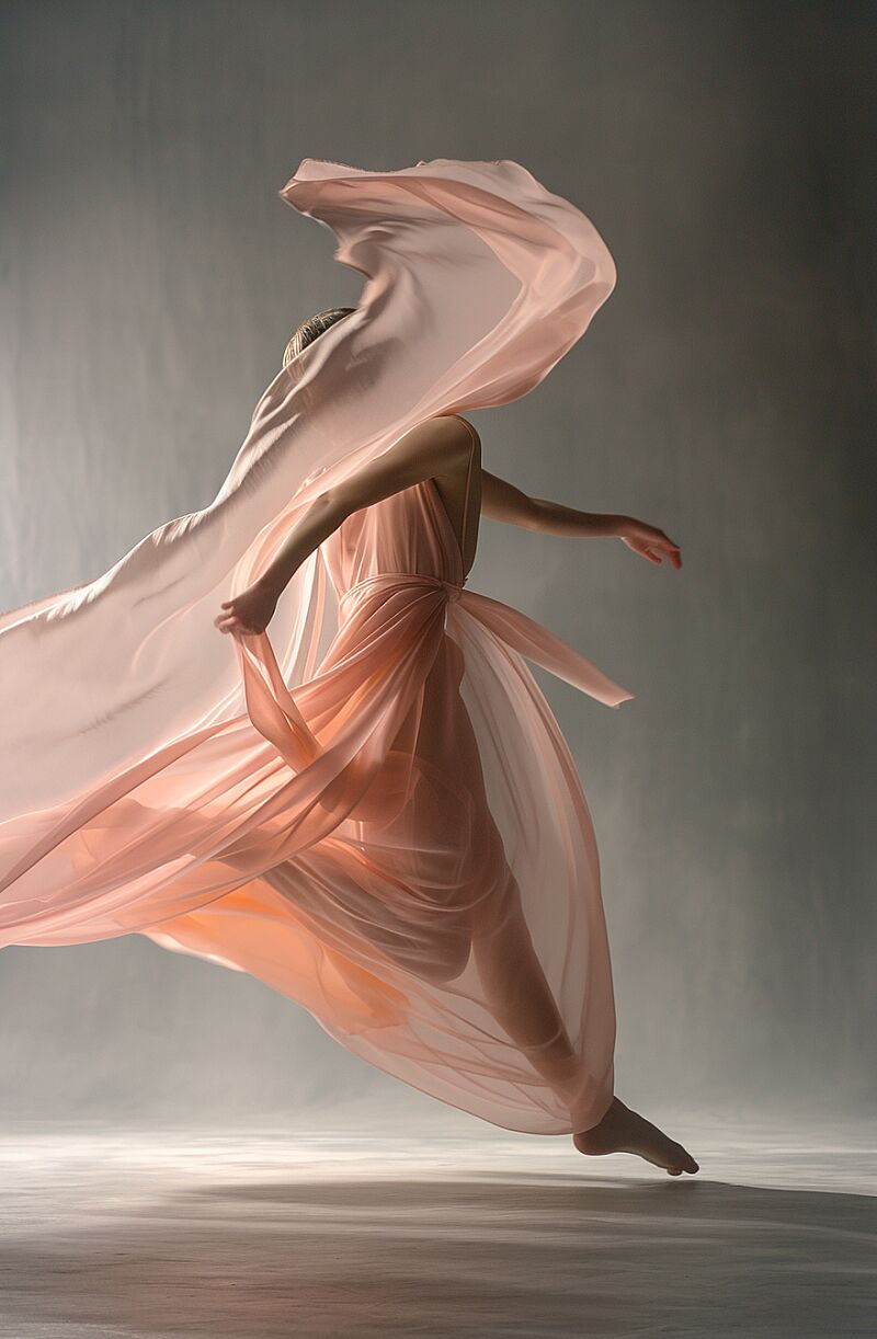 Ethereal beauty, soft pastel tones, backlighting, long exposure, flowing fabric, portrait of a dancer in midair::1.3 , style of Kirsty Mitchell, surreal, delicate movement, dreamlike, cinematic lighting, ultra high resolution --ar 66:101 --v 6.0 --style raw