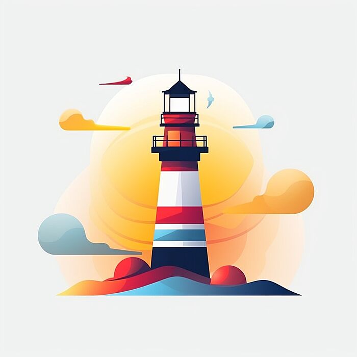 Create an minimalist illustration with a central [lighthouse] in a vibrant, stylized, and colorful design. The subject should be detailed and the central focus, with the rest of the image fading into a clean, white background. The style should be whimsical and modern, with a touch of playfulness and a flat design aesthetic. --v 5.2 --s 50