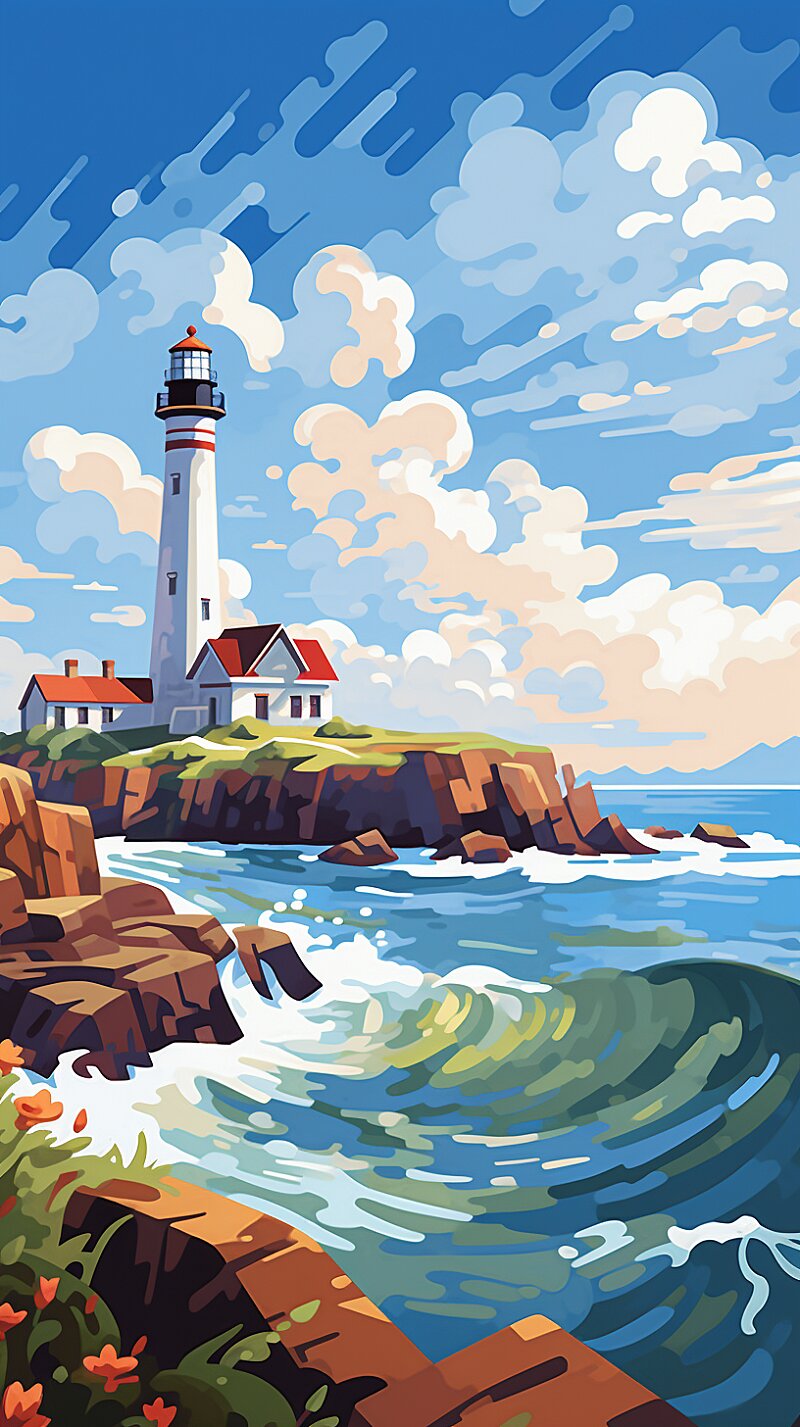 A brilliant illustration of a lighthouse standing tall in serene weather. The artwork bursts with vibrant colors and energy, capturing the beauty of a tranquil scene. The lighthouse stands proudly against a backdrop of a clear blue sky and a calm, sunlit sea. The waves gently lap against the shore, adding a sense of peacefulness to the illustration. The bright rays of the sun cascade over the landscape, casting a warm and inviting glow. The colors are bold and saturated, creating a visually stunning image that captures the essence of a peaceful day by the sea. This lively illustration brings to life the beauty and tranquility of a lighthouse scene, inviting viewers to bask in its radiant charm. --ar 9:16