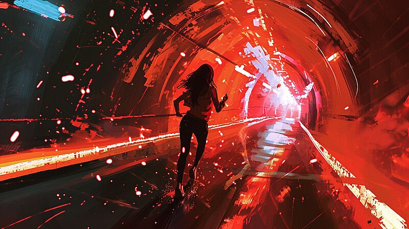 splatter art of a [exotic girl] running in a tunnel at night, speed, motion, neon lights, atey ghailan, alena aemani, jeremy mann --ar 16:9 --v 6.0 --s 50 --style raw