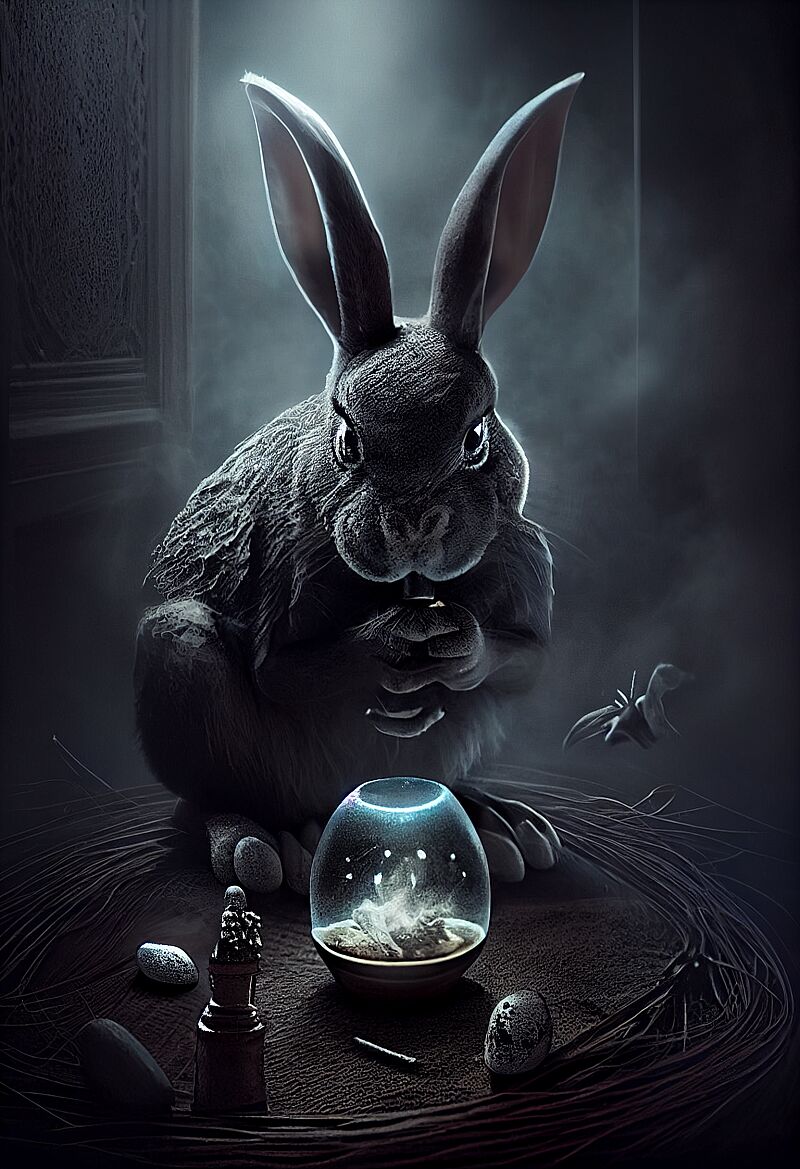 evil dark easter bunny plotting a crime, eerie creepy eggs lying around, smoke, fog, intricate detail, hd, photorealistic, cinematic shot, surreal --ar 2:3  --v 4 --upbeta