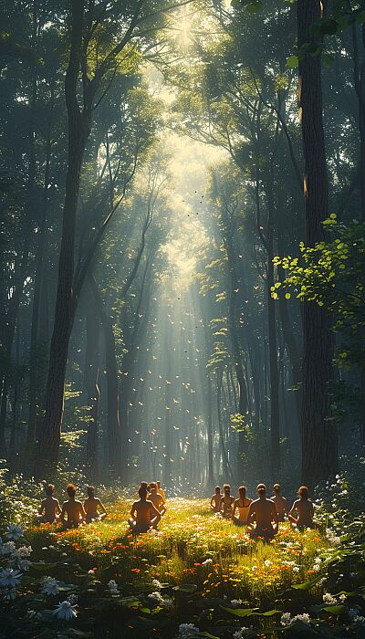 Spring Awakening: Image of people stretching and practicing yoga in a sun-dappled clearing, connecting with both their bodies and the natural sounds around them. --ar 4:7 --v 6.0 --s 750