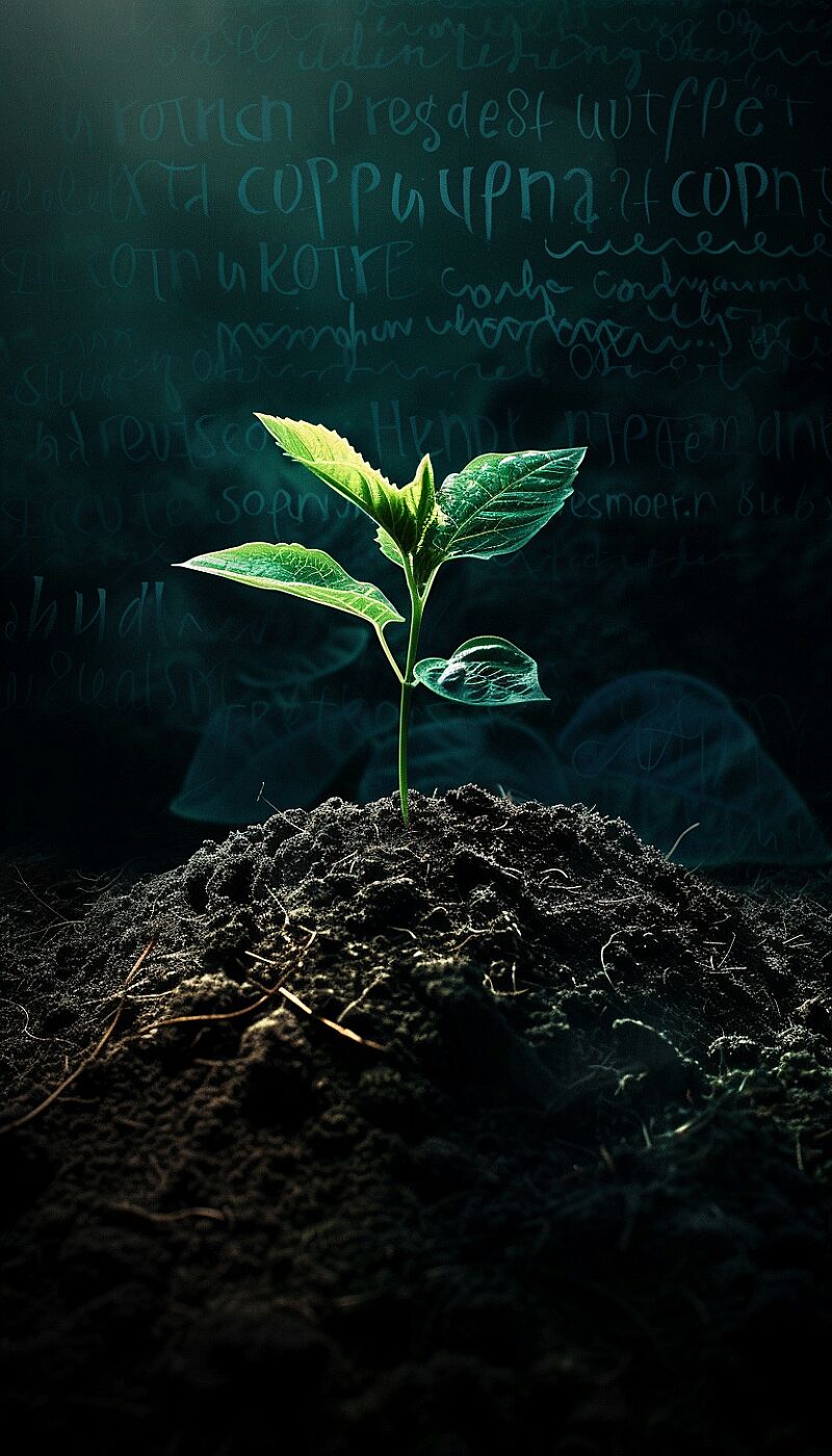 Growth Plant: A visual of a seedling growing into a flourishing plant, with words of encouragement and positivity surrounding it, symbolizing personal growth and self-nurturing thoughts. --ar 4:7 --v 6.0