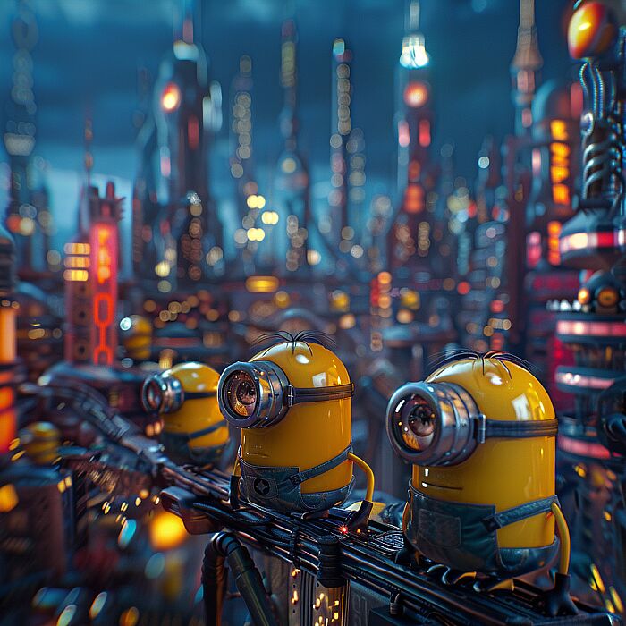 Minnions in futuristic City, close shoot --v 6.0