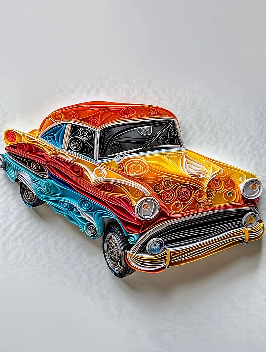 classic car, minimalist, Paper quilling, vivid color, white background --ar 3:4 --v 6.0 --style raw --s 250