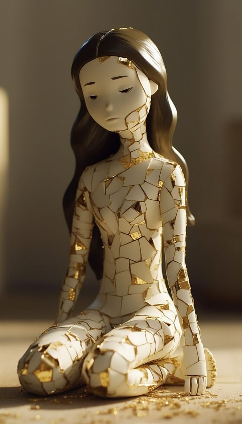 3D animated short film, broken ceramic figurine brought to life through the art of kintsugi, gleaming gold-filled cracks, inspired by the expressive features of Auli\'i Cravalho, visually stunning world celebrating the beauty of imperfection, directed by Pete Docter, delicate interplay of light and shadow highlighting the gold-infused fractures, by Laika Studios, soothing palette of pastels and warm golds, textured surfaces enhancing the tactile nature of the animation, captivating --ar 4:7 --s 1000 --chaos 5  --q 2 --v 5