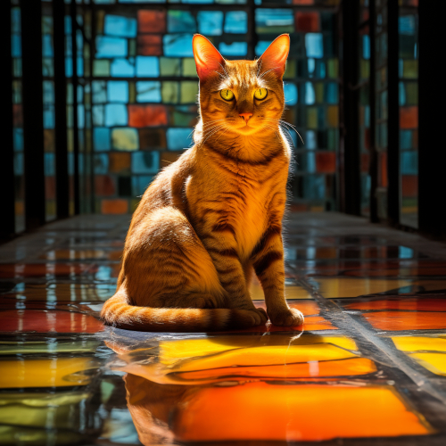 Cat by robert lewis in 2012, glass walls, studio set, light reflection, in the style of cross-processing/processed, in polychrome glass, fujifilm x-t4, vibrant stage backdrops, 8k, vibrant murals, light amber, color negative