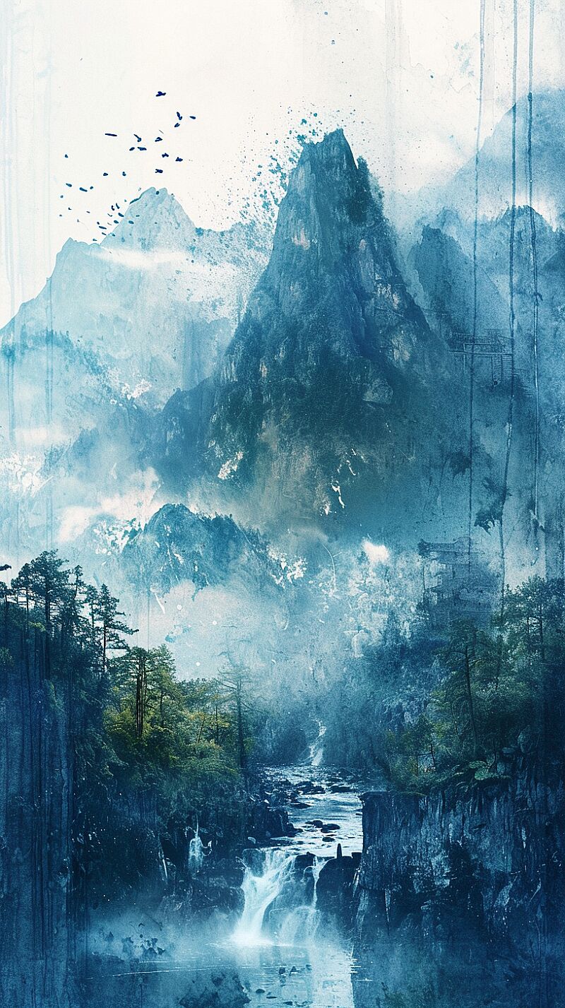 mountain with a river , in the style of surrealistic dream-like imagery, indigo, dripping paint, digitally enhanced, classic japanese simplicity, birds-eye-view, soft mist --ar 9:16 --v 6.0 --style raw