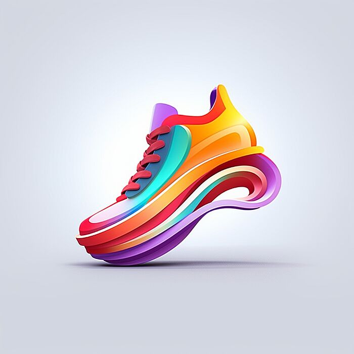 Create an 3D minimalist logo of a central [shoe] in a vibrant, stylized, and colorful design. The subject should be detailed and the central focus, with the rest of the image fading into a clean, white background. The style should be whimsical and modern, with a touch of playfulness and a flat design aesthetic. --v 5.2 --s 50 --style raw