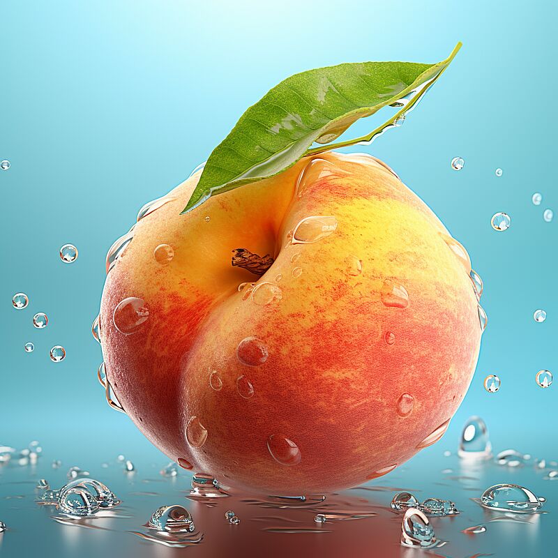 Create a cartoon-style peach with water droplets on the surface --v 5.2